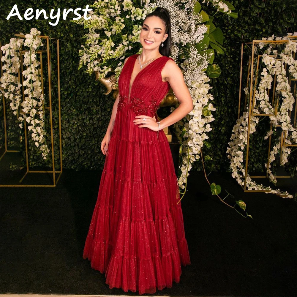 

Aenyrst Red V Neck Sequin A Line Prom Dresses Tulle Spaghetti Strap فساتين السهرة Floor Length Christmas New Year Party Dress