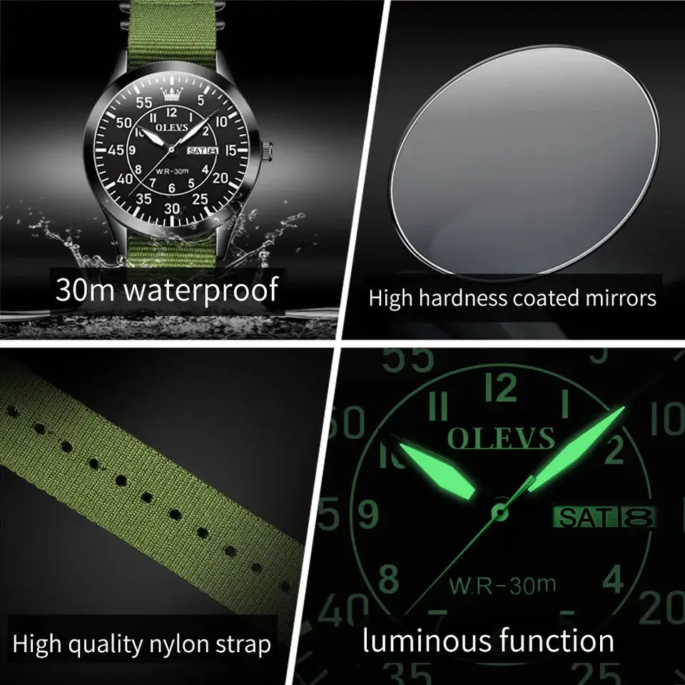 OLEVS Quartz Watch for Men Original Army Green Nylon Strap Waterproof Lumious Dual Calendar Sport Fashion Style Men's Wristwatch