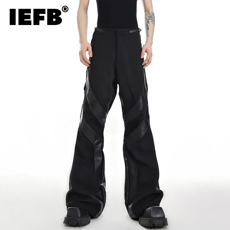 

IEFB Men Personality Suit Pants Fashion Leather Splicing Wide Leg Streetwear Belt Buckle Niche Design Baggy Fashion Autumn 9C674