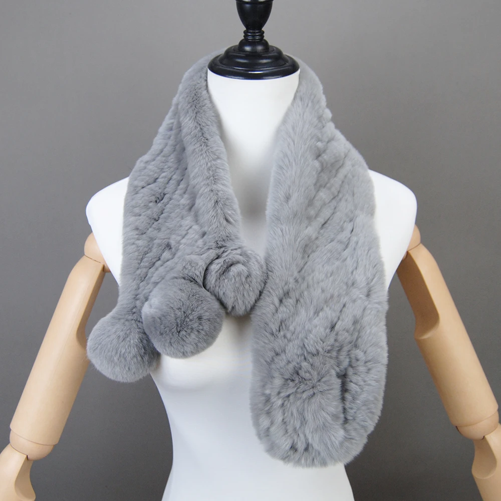 New Winter Real Rex Rabbit Fur Scarves Women 100% Natural Rex Rabbit Fur Muffler Lady Knitted Genuine Neck Warmer Scarf