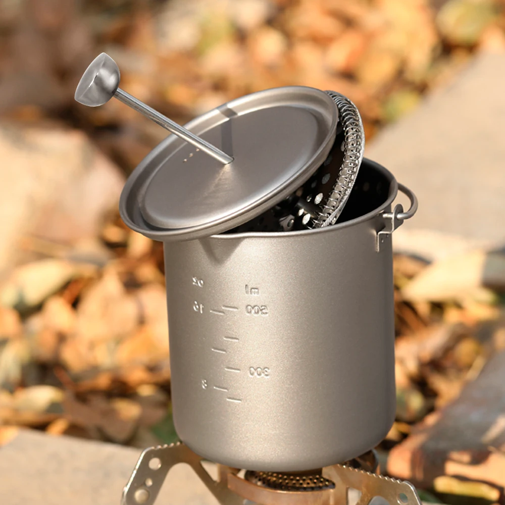 750ml Camping Coffee Cup with Press Plate Titanium Maker French Press Pot with Lid Outdoor Cookwarer for Travelling Hiking 6