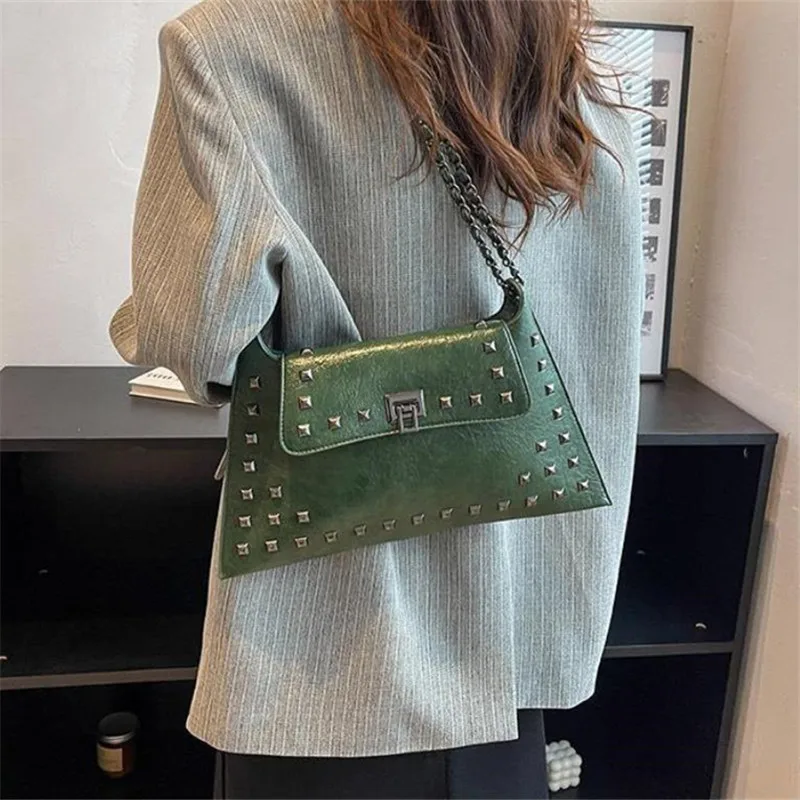 Chic Vintage Rivet Crossbody Bag - Waterproof Faux Leather, Adjustable Strap, Solid Color with Kiss Lock Closure