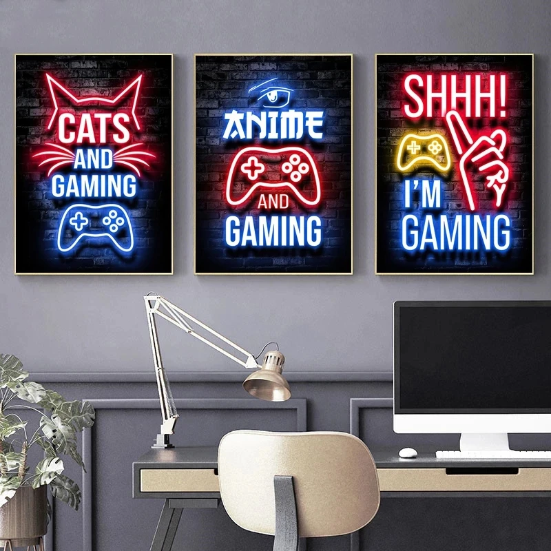 

Fashion Retro Playroom Neon Poster and Prints Modern Canvas Painting Wall Art Picture for Gamer Boy Bedroom Home Decoration