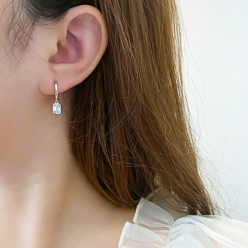 QINHUAN 0.8ct Emerald Cut Moissanite Hoop Earrings S925 Silver Platinum Plated Drop Earring for Women Fine Jewelry Wedding Party