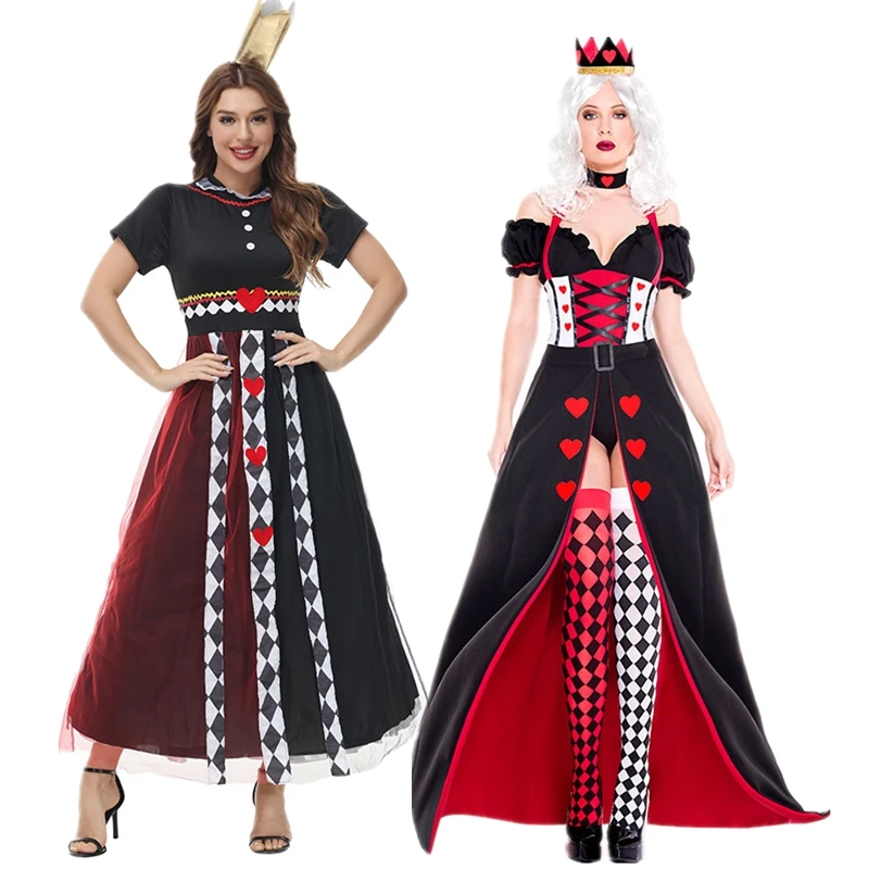 

Halloween Costume Red Queen Poker Print Dress Alice Wonderland Peach Heart Role Performance Stage Costumes Dress