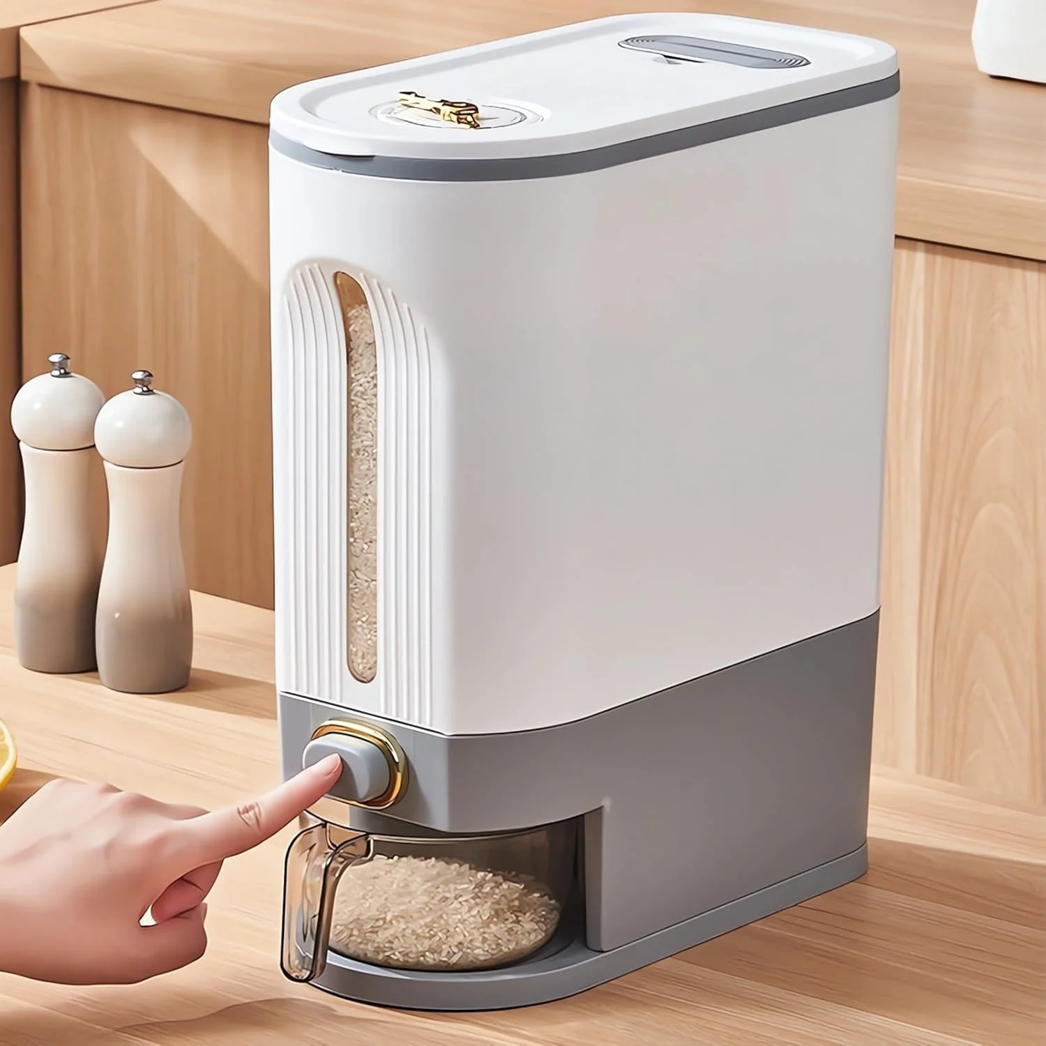 Gray L 10L Rice Dispenser & Grain Container with Lid-Household Cereal Bucket for Kitchen Organization, Ideal for Rice, Beans,