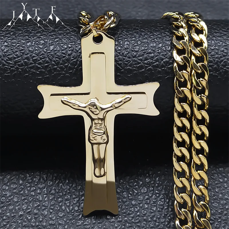 Cross Catholic Mutilayered Necklace Women Stainless Steel Gold Plated