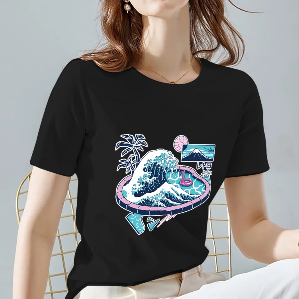 

T Shirt Women Black O-Neck Short Sleeve Summer 2022 New Fashion T-Shirts Wave Pattern Commuter Tee Clothing