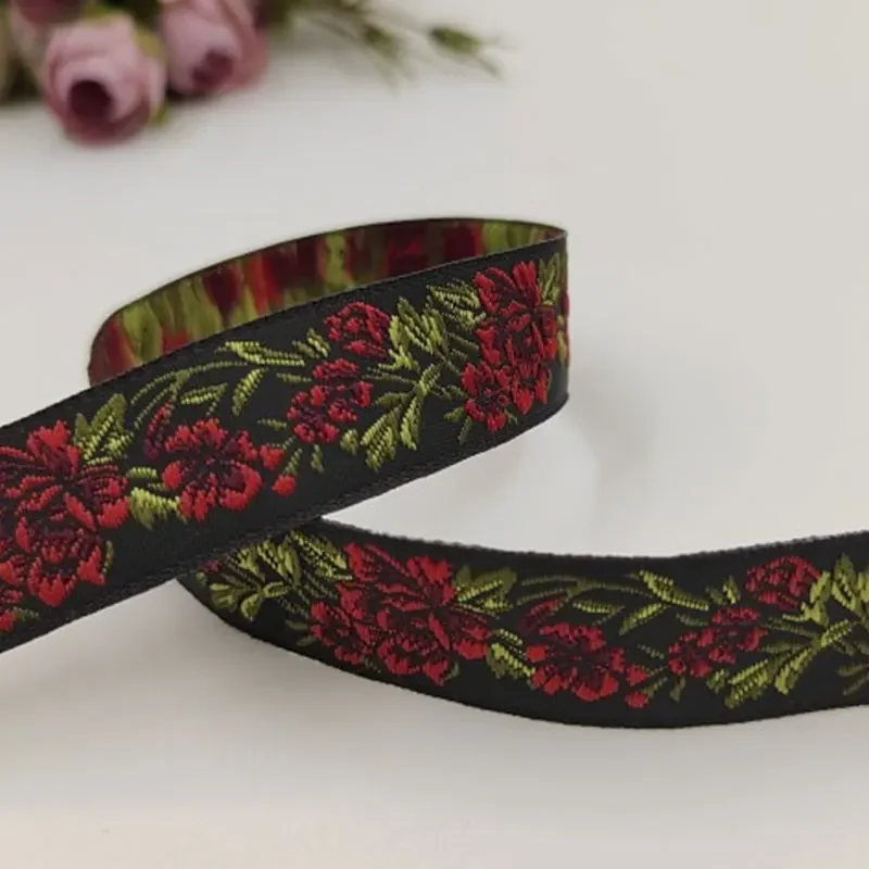 10m Peony Flowers Jacquard Trim Retro Ethnic Style Old Fashioned Embroidered Jacquard Ribbon Trim for DIY Craft Embellishment