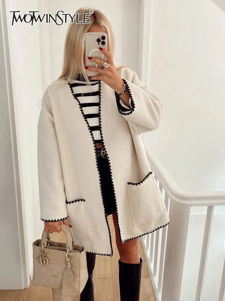 TWOTWINSTYLE Colorblock Casual Coat For Women V Neck Long Sleeve Patchwork Pocket Loose Minimalist Coats Female Fashion Style