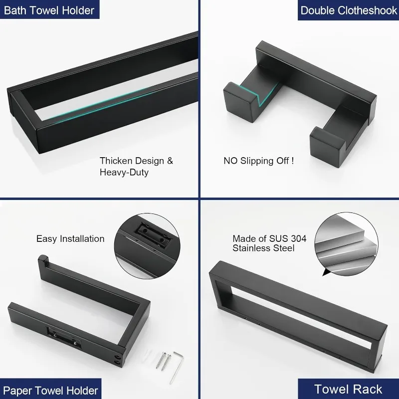 Lairuier Bathroom Hardware Accessories Set, Matte Black 4-Piece Bathroom Hardware Set Including Towel Bar,Towel Holder
