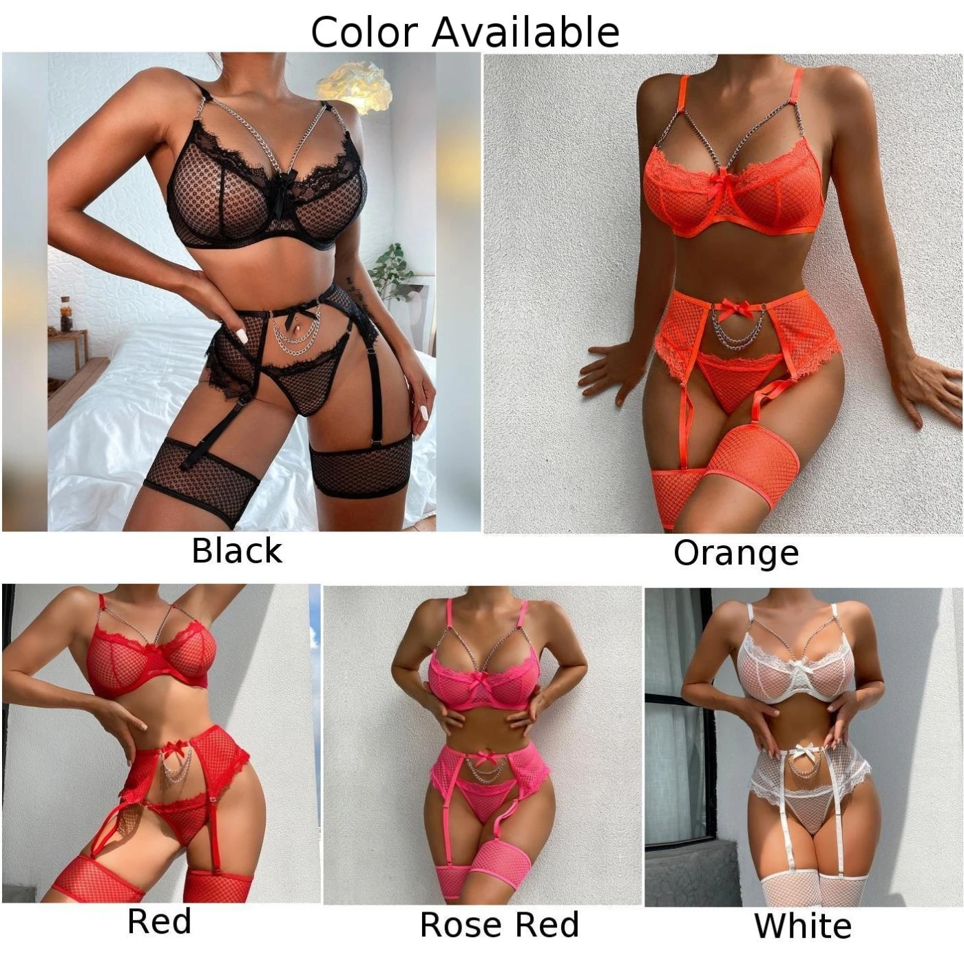 Women Sexy Lace Transparent Chain Porn Body Lingerie Exotic Bra + Thong + Suspender Leg Hoop Underwear Clothing Set 5Pcs