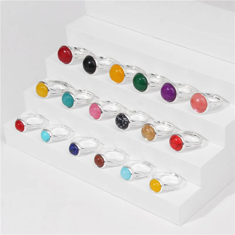 8/10/12mm Natural Stone Bead Ring Colorful Cabochon Silver