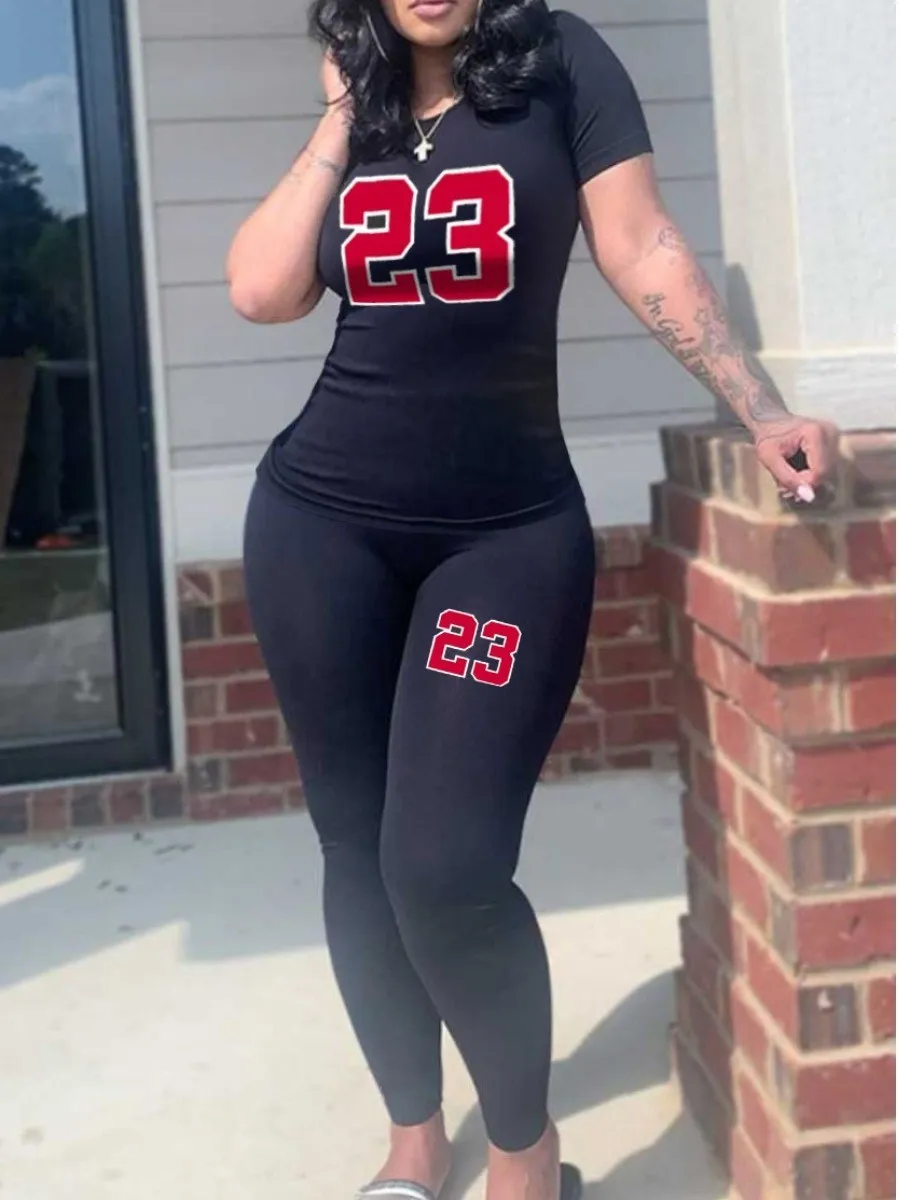 

Комплект облегающих высоких эластичных брюк с принтом LW Number 23, футболка с коротким рукавом и круглым вырезом и брюки стрейч, комплект из 2 брюк длиной