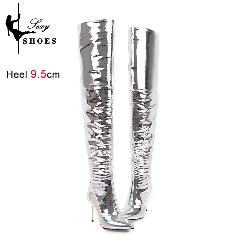Silvery Over-the-knee High Boots Women Party Winter Shoes Stage Show Mirror Stiletto Heels 9.5CM Ladies Pointed Toe Long Boots