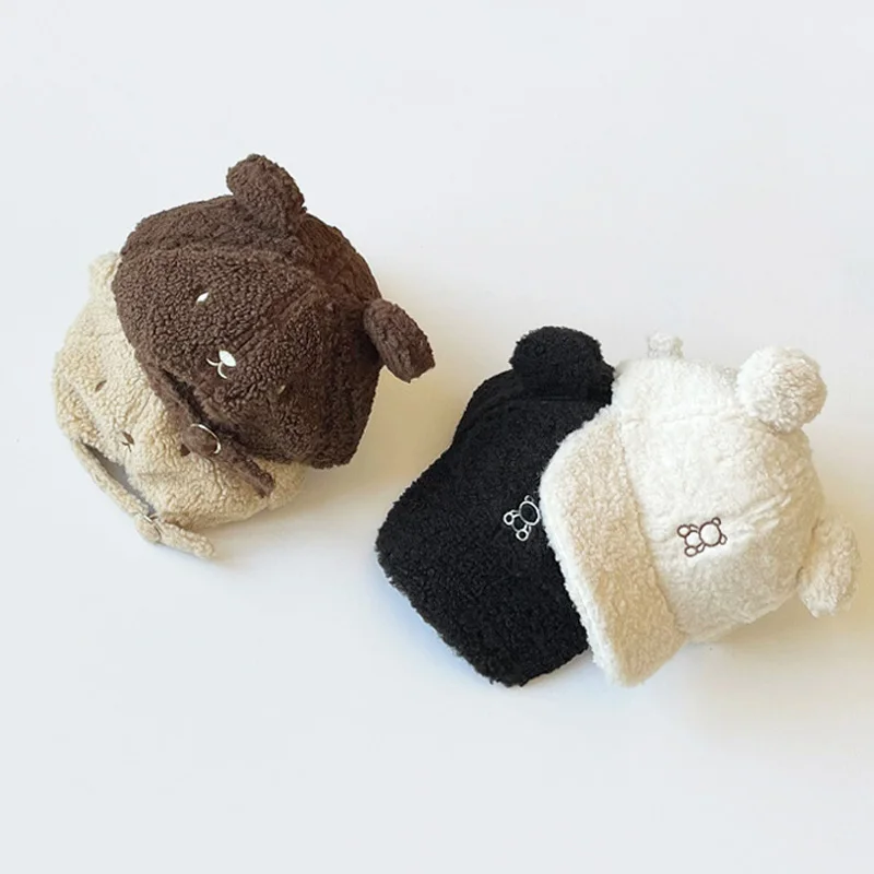 Lamb Wool Kids Baseball Cap Cartoon Bear Autumn Winter Girls Boys Caps Korean Children Accessories Photography Props 4-10 Y