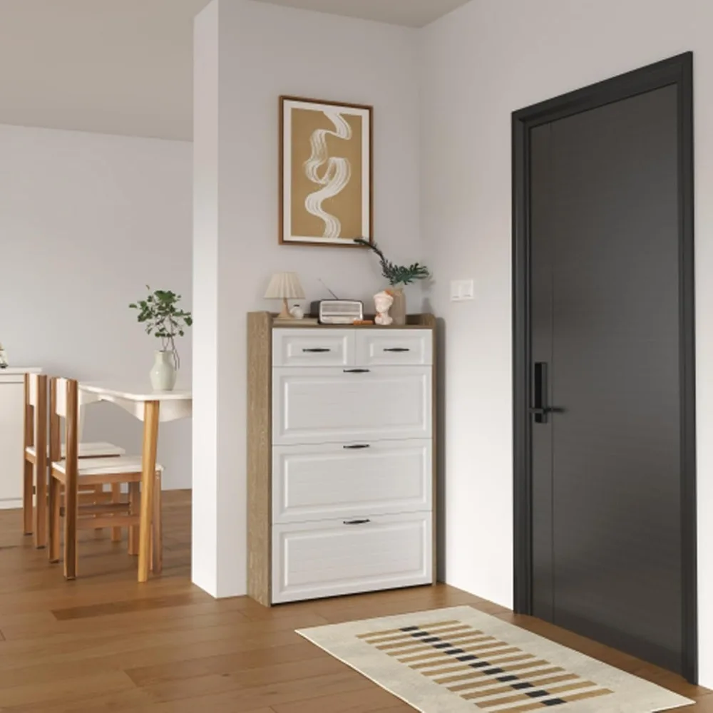 New Oak Color Shoe Cabinet with 3 Doors & 2 Drawers PVC Door Design, Large Storage Space for Entryway or Hallway