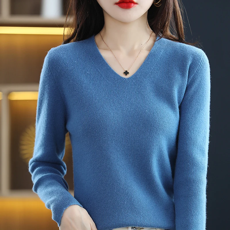 

Spring And Autumn New Four Flat V-Neck Long Sleeve Wool Knitted Shirt Women Slim Fit Inner Wear Pullover Sweater Slim Bottom Top