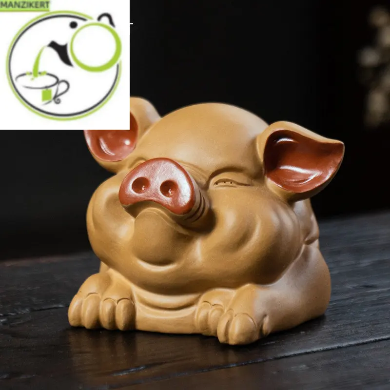 

Chinese Lucky Fortune Pig Head Model Ornaments High-end Yixing Purple Clay Tea Pet Crafts Handmade Sculpture Tea Set Decoration