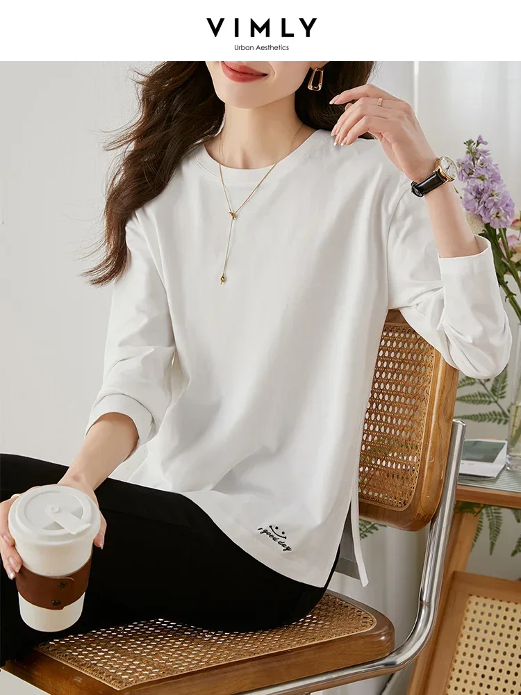 

Vimly Women White T-shirt 2024 Spring and Autumn Casual Fashion 100% Cotton Side Slit Long Sleeve Tops Basics Simple Tees V7833