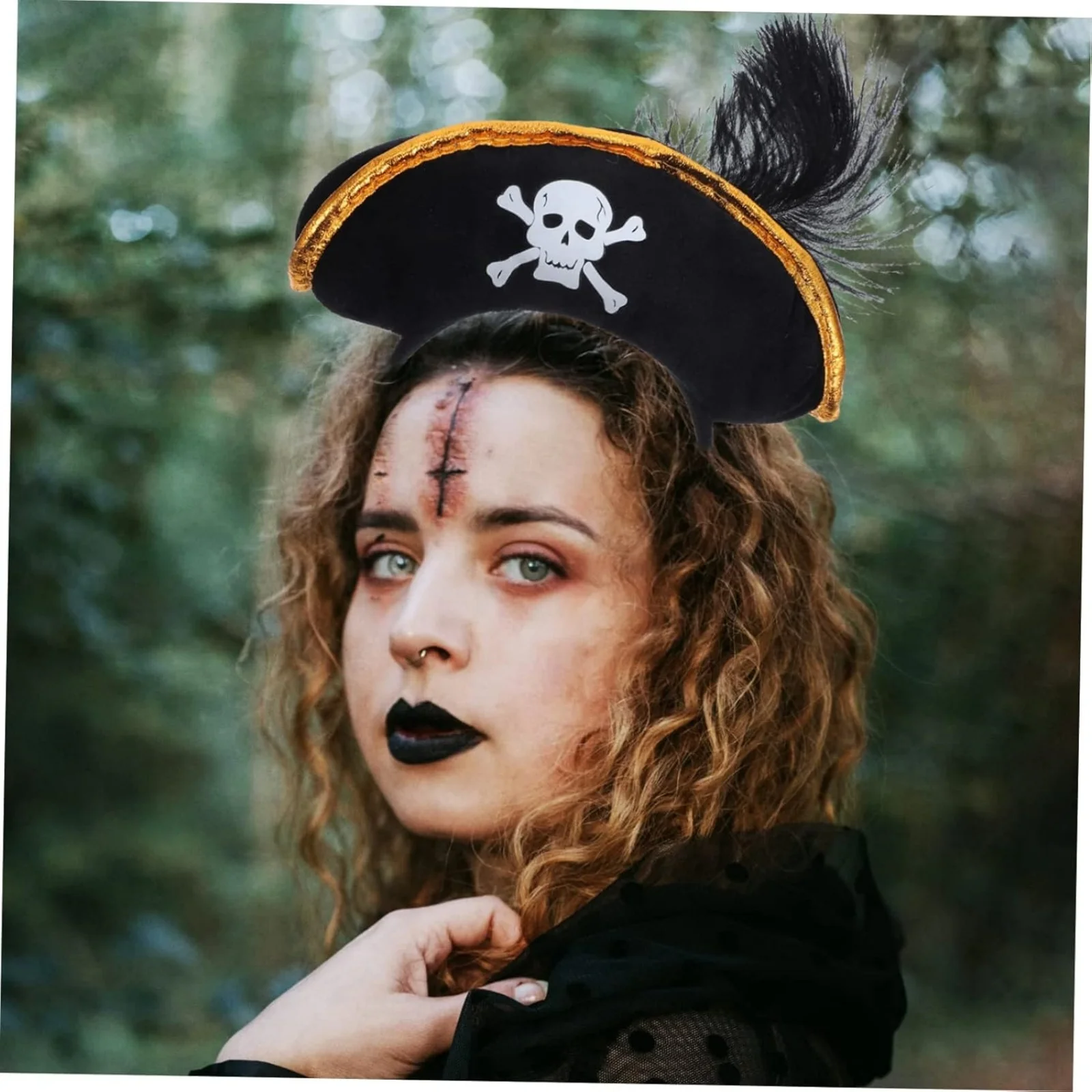 1PC Pirate Hat Headband with Skull Crossbones & Black Feather, Halloween Costume Party Hair Accessory for Cosplay