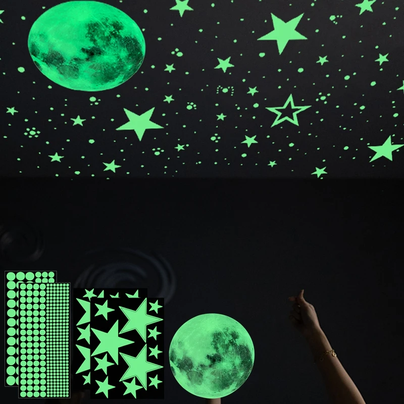 442pcs/set Luminous Moon Star Dot Wall Sticker Glow In The Dark Wall Decal Fluorescent DIY Stickers Home Kids Bedroom Decoration