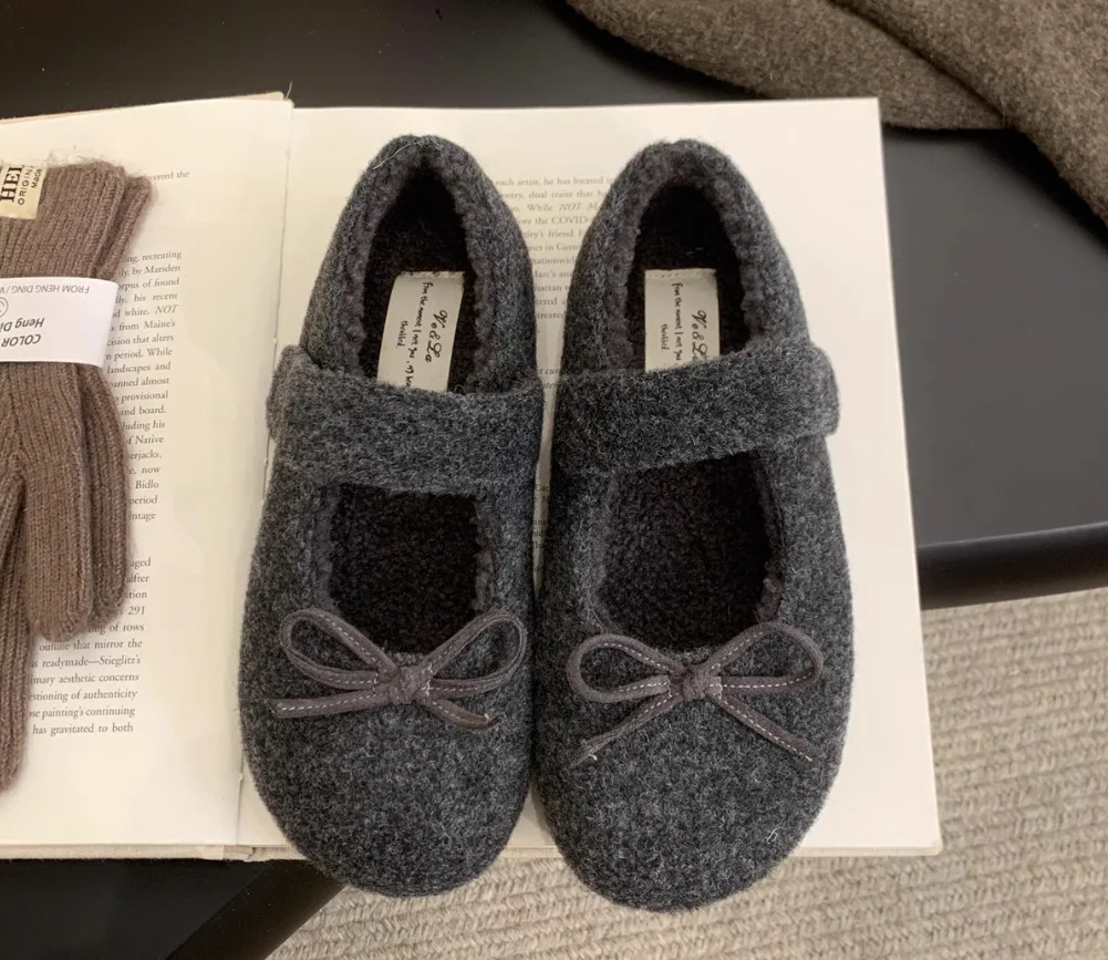 Woolen Fabric Women Flats Shoes Fashion Mary Jane Shoes Ladies Comfort Outdoor Warm Cotton Fur Winter Shoes 2025 New