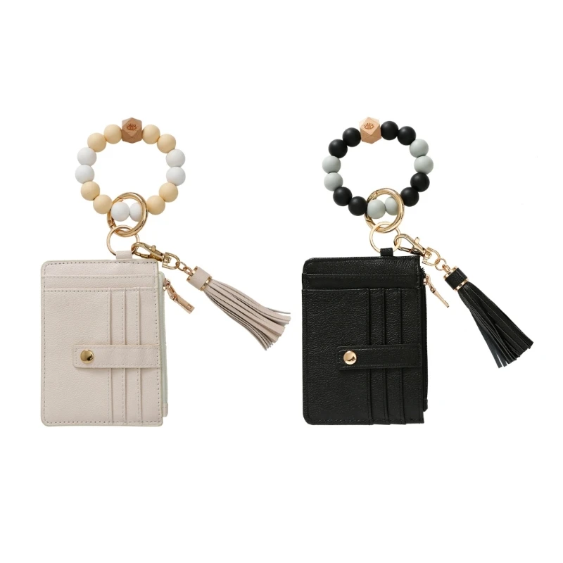 Wristlet Bracelet Keychain with Wallet for Women Silicone Beaded Keychain Bangle