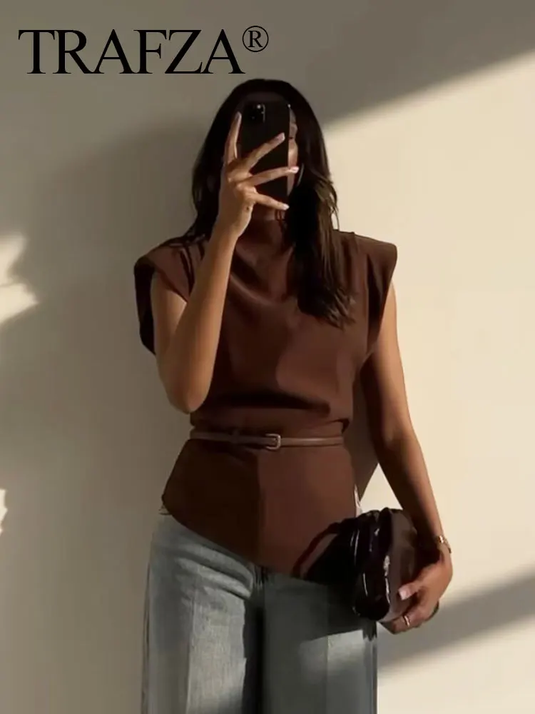 HH Women Fashion Angora Red Tank Tops Pleated Asymmetrical T-Shirt Tops Sleeveless Back Zipper Chic Lady Slim Tops