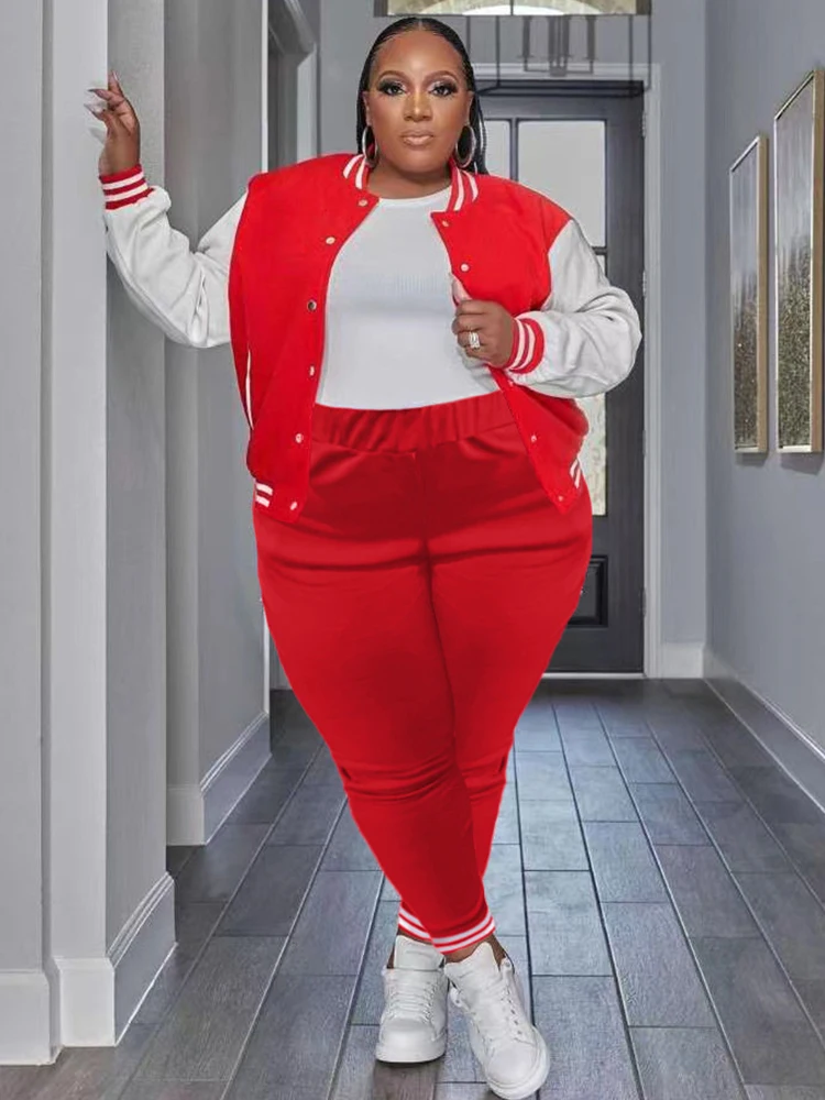 

ZJFZML ZZ Plus Size Two Piece Sweatsuit Women's Costumes Long Sleeve Button Up Baseball Jackets and Elastic Waist Sporty Suits