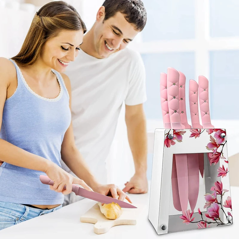  Kitchen Knife Set, 6 Pieces Pink Stainless Steel Sharp Cooking Knife  Set with Acrylic Stand, Non-stick Coating Pink Flower Block Knife Set with  Gift Box for Women Girls (Pink): Home 