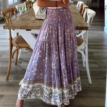 

Vintage Printed Elastic High Waist Skirt Women 2022 Spring Summer Fashion New Bohemian Vacation Casual Lady Long Skirts