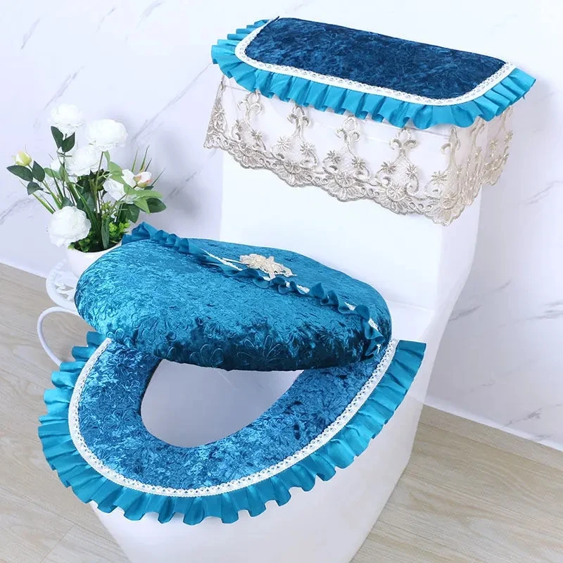 Toilet Seat Cover Lace Decoration Soft Velvet Two-piece Three-piece Dust-proof Tank