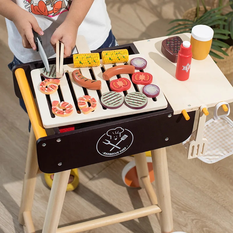 DokiToy Children's Wooden Imitation Barbecue Rack Barbecue Stall Boys And Girls Going Home Food Cognition Chechele Set Toys