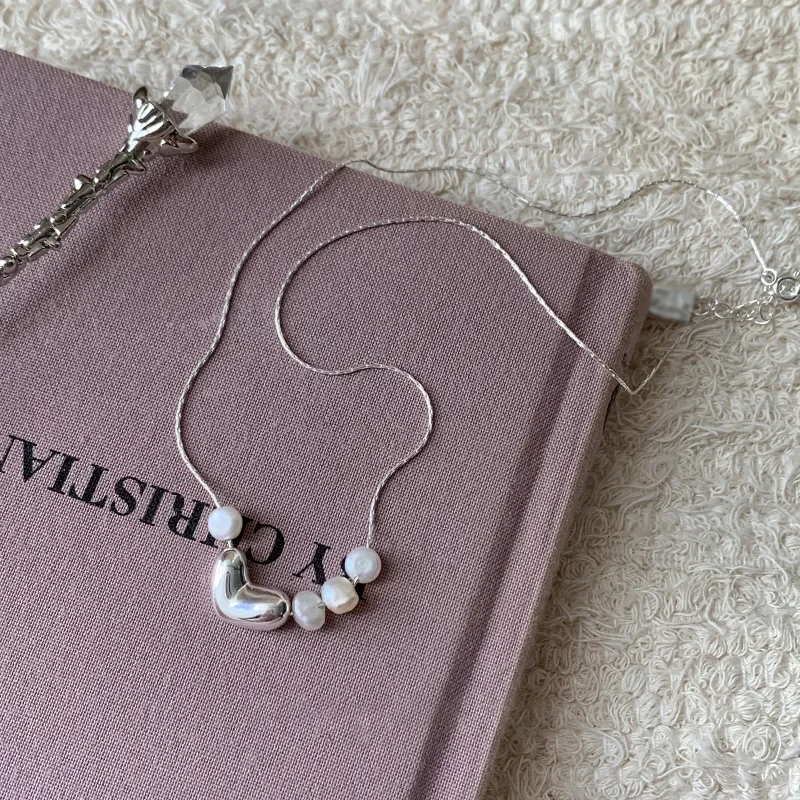 925 Silver Love Heart Pearl Necklace for Women Gift Korean