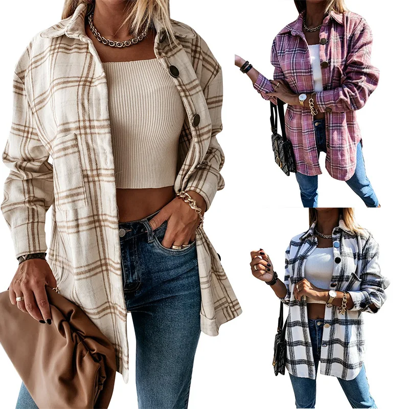 2023 Autumn and Winter Women's New Fashion Commuter Plaid Shirt Loose Casual Mid Length Polo Neck Long Sleeve Versatile Top