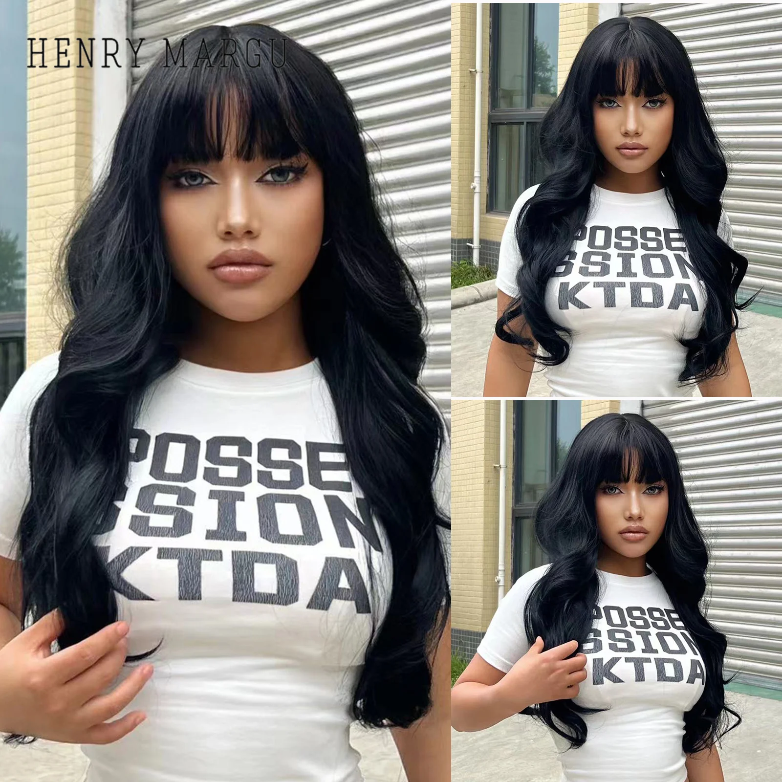 

HENRY MARGU Long Black Synthetic Wigs with Bangs Natural Wavy Hairstyle for Women Cosplay Party Heat Resistant Fiber Wigs
