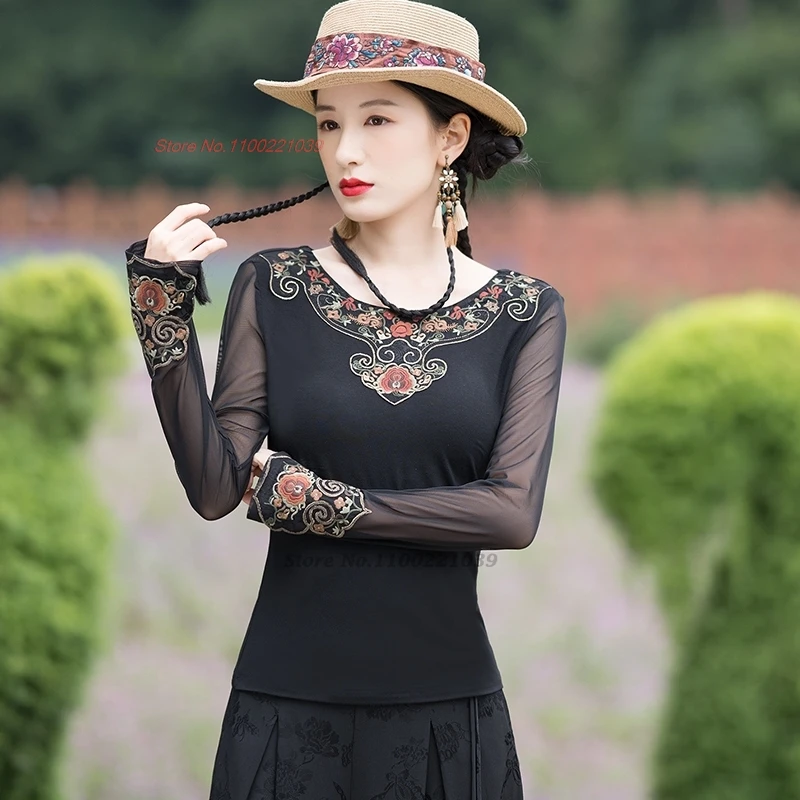 chinese traditional t-shirt national flower embroidery o-neck mesh sleeve folk shirt vintage hanfu tops retro base shirt