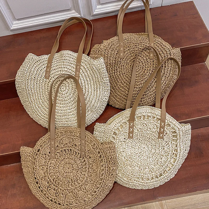 2025 New Summer Round Straw Women Vacation Woven Beach Shoulder Bag Large Capacity Hollow Out Simple Tote Bag