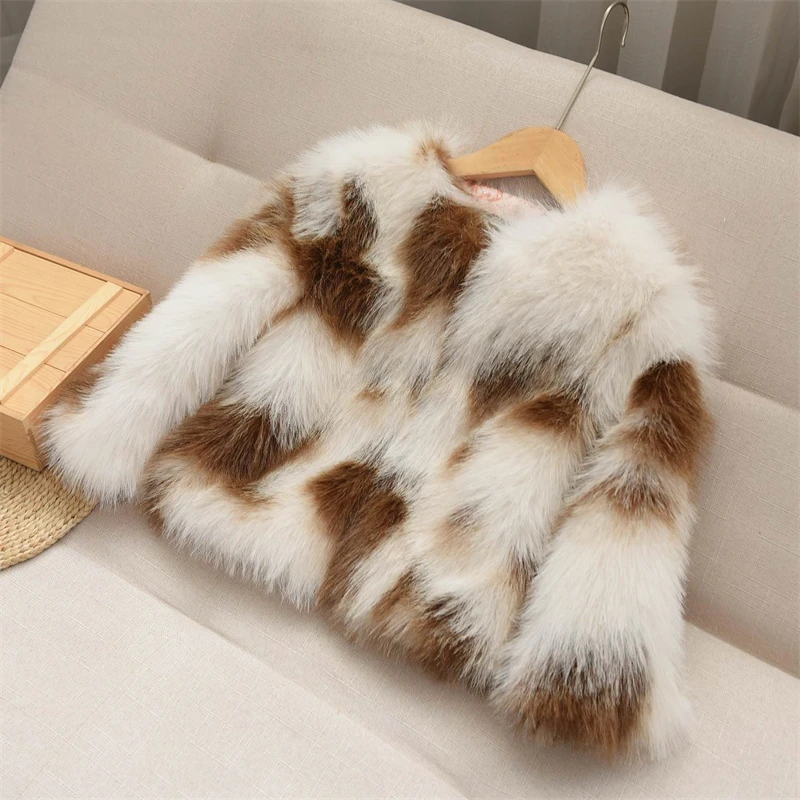 

Kids Clothes Girls Faux Fur Coats Winter Cropped O-Neck Colorblock Fashion Jacket for Babies Long Sleeve Children's Clothing
