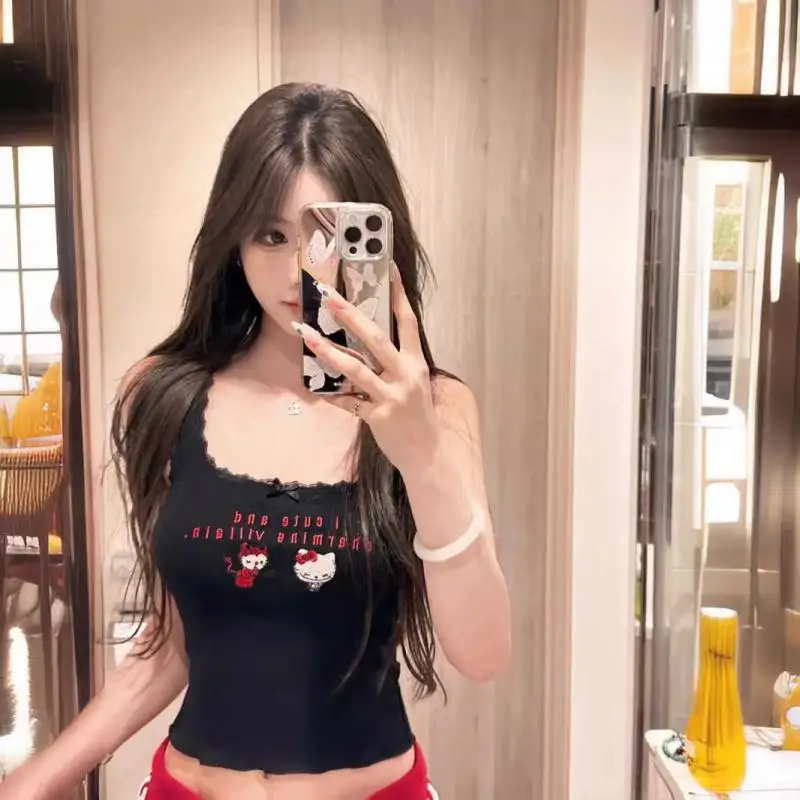 

Sanrio Hello Kitty Pure Desire Slim Fit Sleeveless Top Anime Embroidered Vest Strap Spicy Girl Dress Up Cartoon Charming Vest