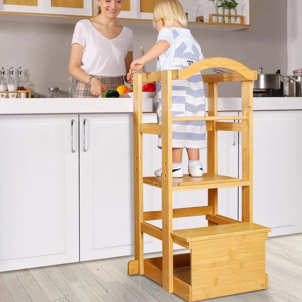

IPOW Learning Stool Toddler Tower, Adjustable Height Kids Step Stool - Bamboo Kitchen Bathroom Counter Helper Montessoi