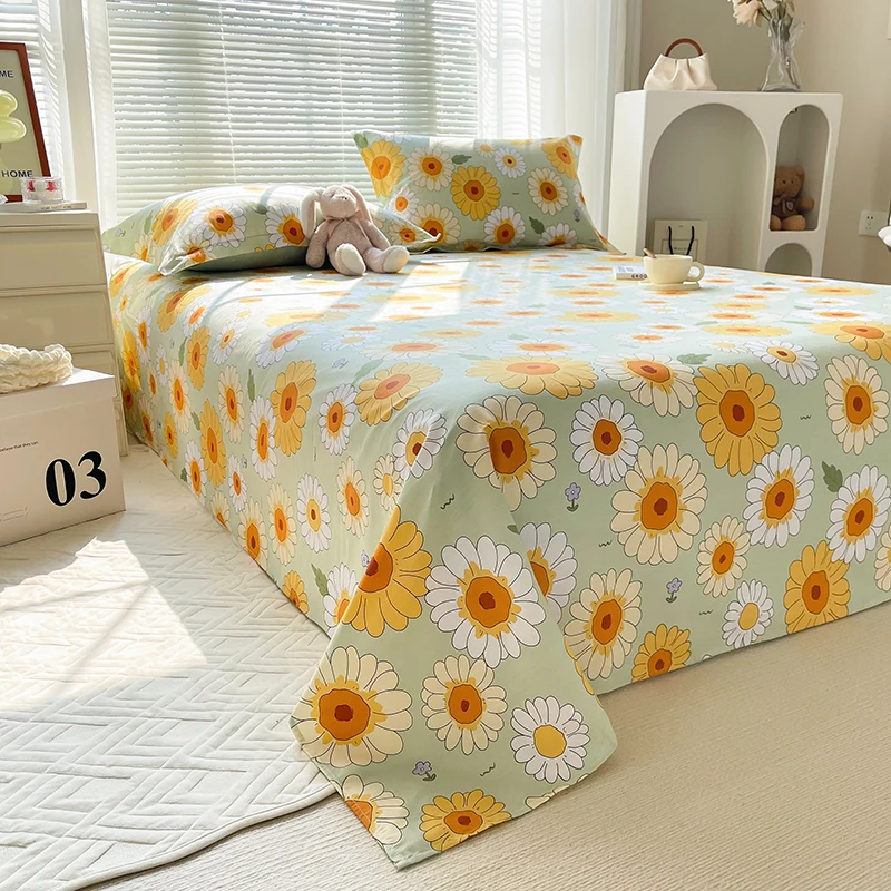 Daisy Cotton Sheet Set Queen Size Kids Room Botanical Flower Bedding Set Bed Sheets and Pillowcases Flat Sheet for Bedroom Decor 2