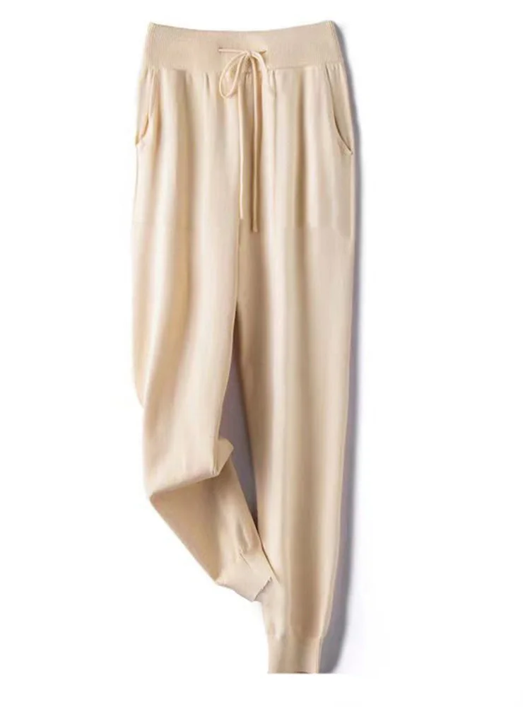 Women 100% Wool Pants New Autumn and Winter Soft Comfortable High-Waist Knitted Thicken Pants Female Thin pants Casual Trousers 6