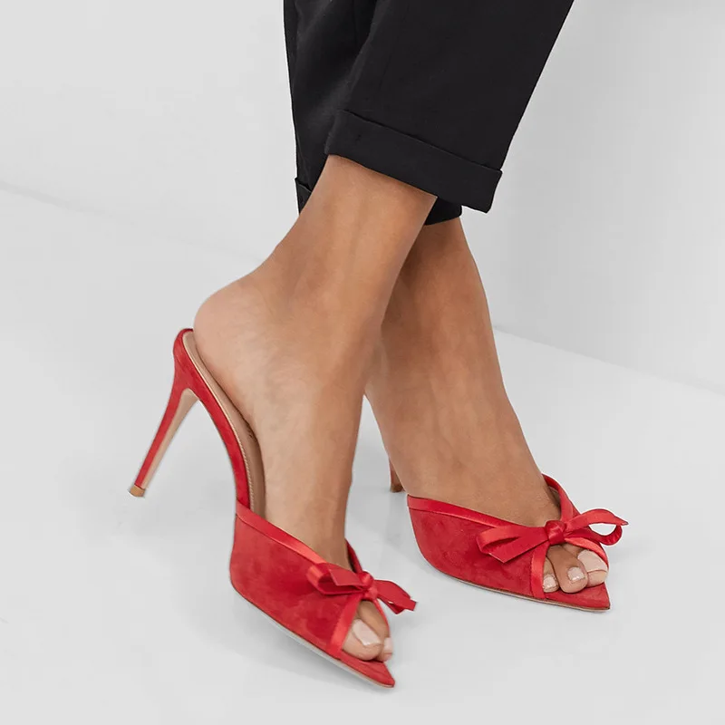 Summer Sweet Red Black Velvet Slippers Silk Butterfly-knot Sandals Pointed Thin High Heels Peep Toe Women Shoes Pumps Big Size 3