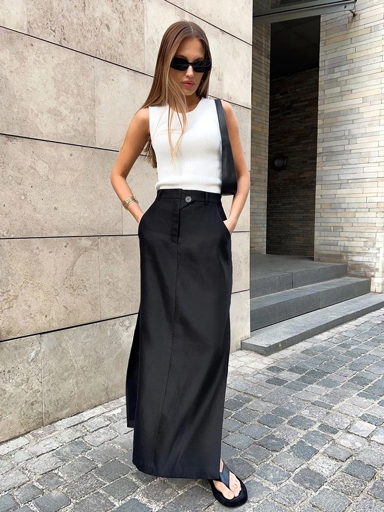 Mnealways18 Black Loose Long Skirts Women A-Line Zip Skirts Ladies Elegant  Summer Skirts Female With Pocket Ankle-Length Skirts