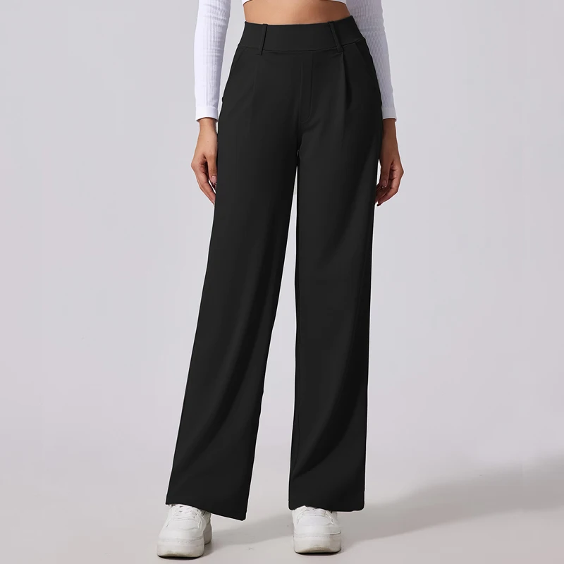 מכנסי עבודה לנשים VITALINOVO עם כיסים, רגל ישרה, חגורה, לולאות, משיכה במותן גבוהה, מכנסי עסקים 30”