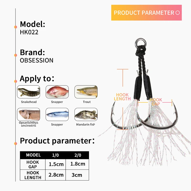 OBSESSION 10pcs 1/0 2/0 High Carbon Steel PE Line Twin Fishing Hook Double  Jigging Assist Hook Metal Jig Lure Accessories Pesca