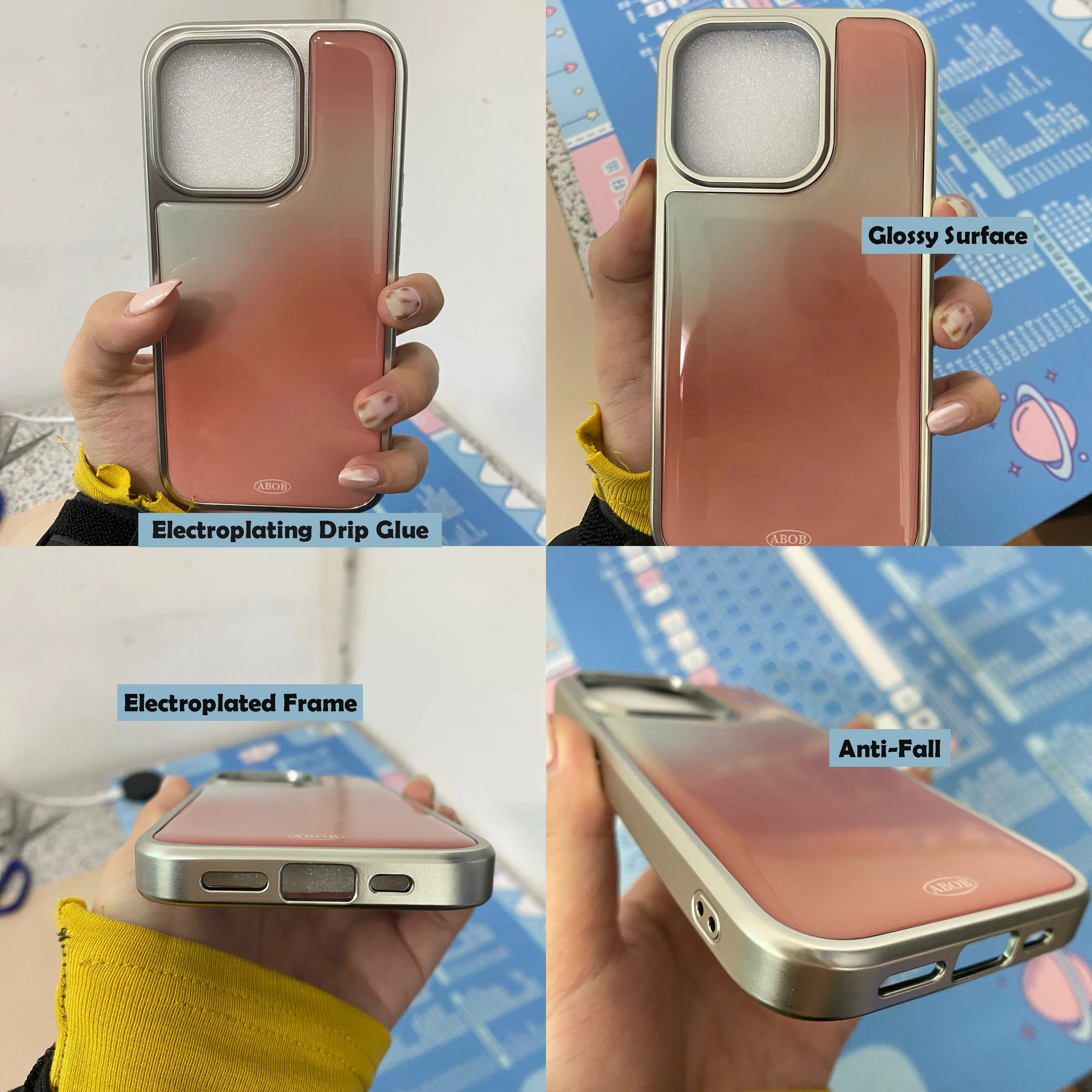 Light Gray Grid Electroplating Drip Glue Phone Case - Anti-Fall Y2K Cover, Edge Protection