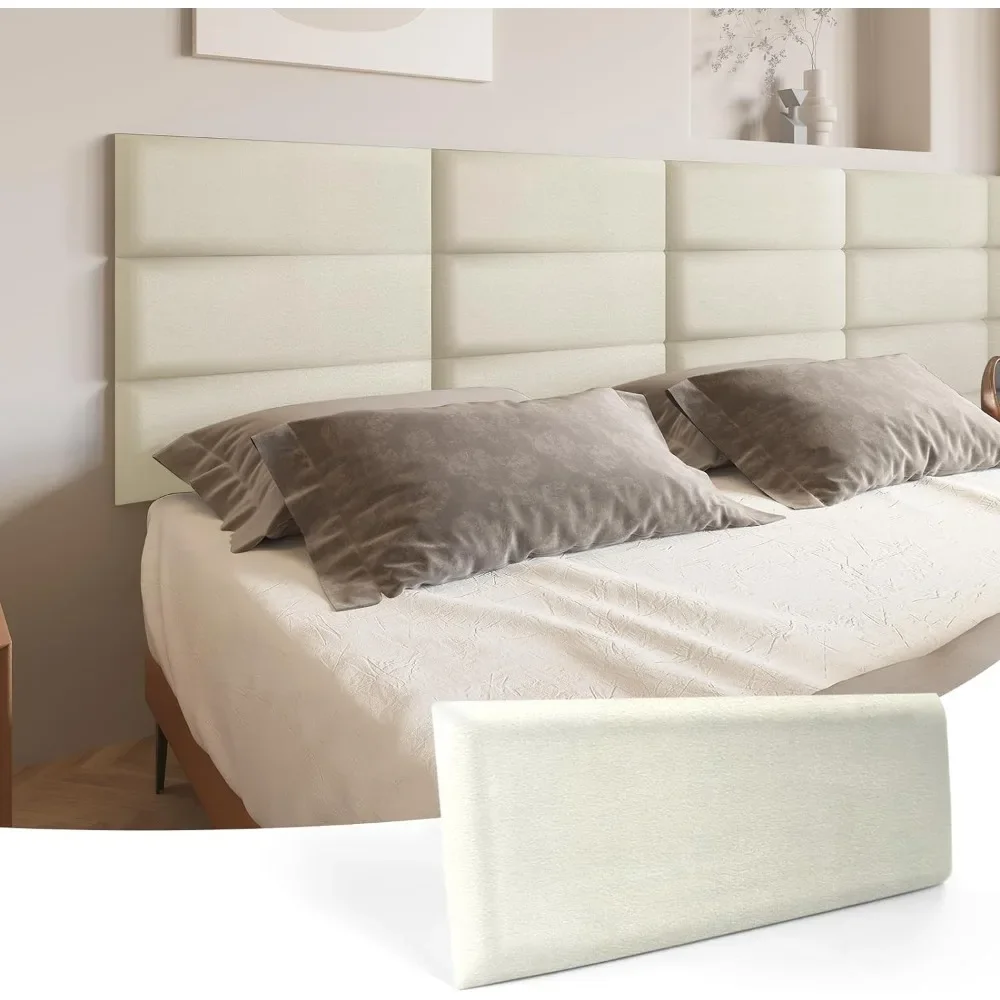Peel and Stick Headboard for King,Full and Queen in Velvet Pearl,Pack of 12 Panels 9.84" x 23.62",Soundproof Upholstered 3D